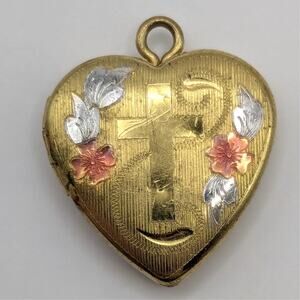 Vintage Gold Tone Small Etched Heart Shaped Photo Locket Floral Cross Design